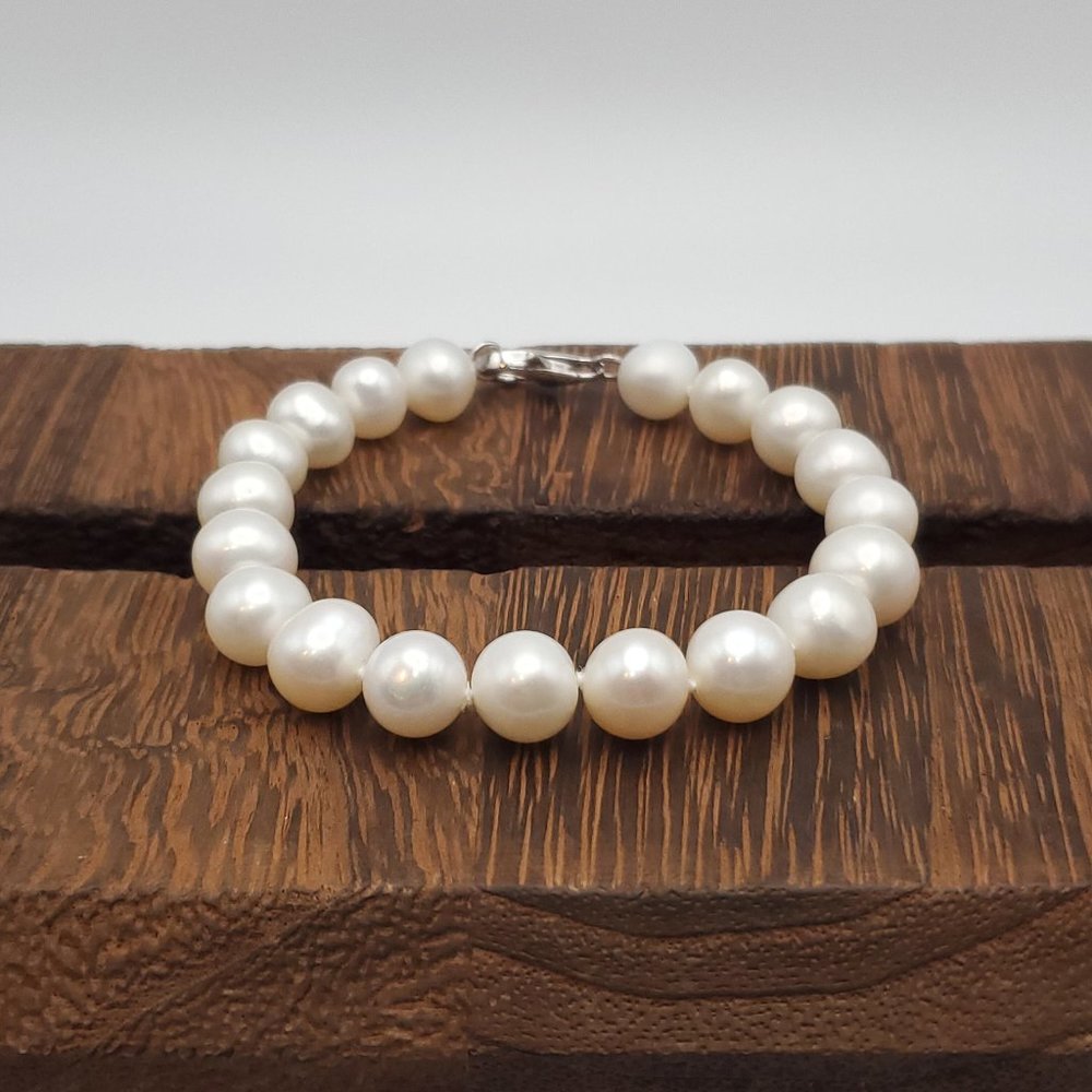 8 Inch 925 Sterling Silver Large White Genuine Pearls Bracelet